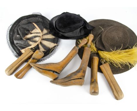 A trunk of assorted items, to include shoes, hats and accessories,  including a pair of Edwardian child's wooden boot trees (