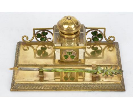An Irish enamel and brass inkstand,  with shamrock motifs, 14.5cm x 21.5cm  