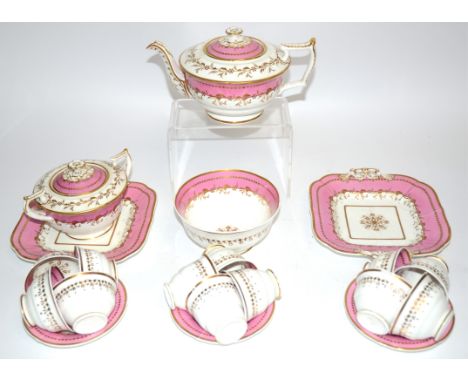 A Staffordshire tea service c1860,  with pink borders, gilt floral decoration and finial, to include teapot, 28cm x 10cm, twi