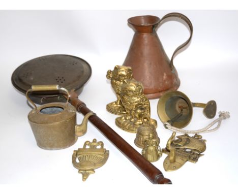 A quantity of metal ware,  to include a Copper jug, brass door fixtures for example a Regency style twin handled urn brass kn