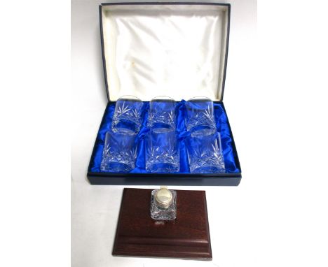 An A J Poole Birmingham silver topped inkwell,  together with a cased set of six Mappin &amp; Webb retailed tumblers (2) 