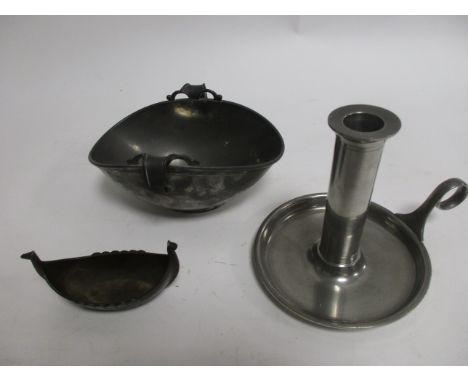 Just Anderson (Danish 1884-1943), a pewter candlestick holder with tall cylindrical column and looping circular handle, heigh