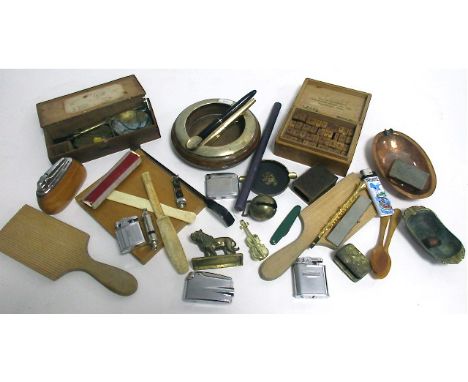 A quantity of collectables over two boxes to include cigarette lighters,  Parker fountain pens, cigar cutter, miniature slide