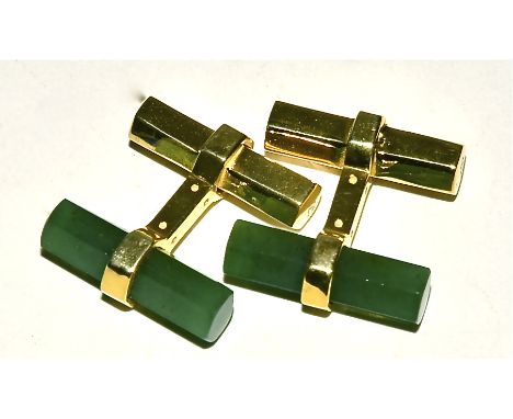 A pair of 925 gilt silver cufflinks,  with jade hexagonal cut stones 