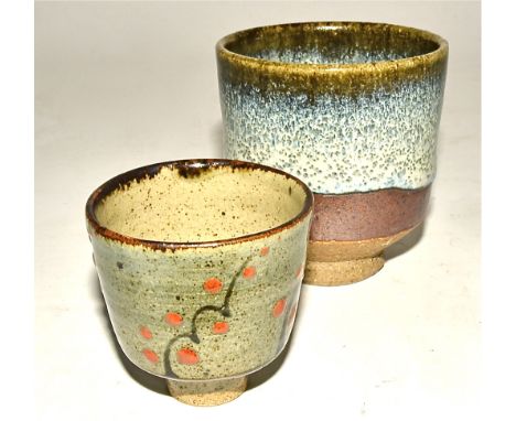 David Leach (1911-2005) stoneware pottery footed bowl, with repeating blue and brown iron glaze and orange dot decoration to 
