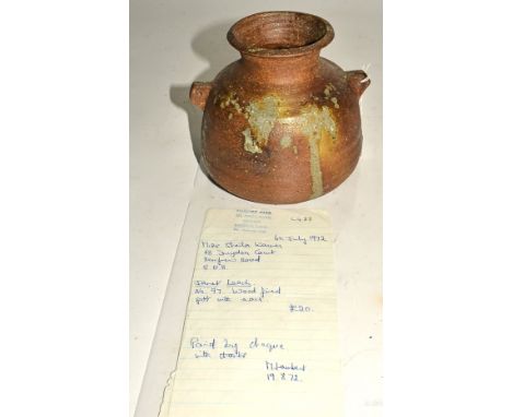 Janet Leach (1918-1997),  a stoneware twin handled vessel with splattered ash glaze, impressed potters seal and St Ives mark,