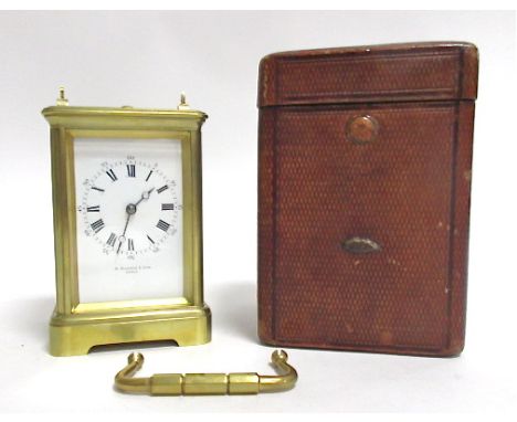 A mid 19th Century brass carriage clock,  white enamel dial with Roman and Arabic numerals signed 'A. Barrie &amp; Son, Paris