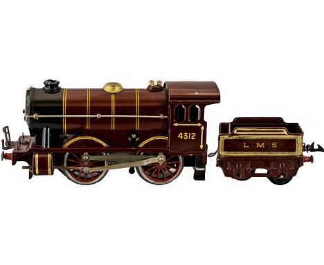 Hornby 4312 O-Gauge LMS Clockwork Steam Locomotive and Tender. Date 1920's. Maroon Colourway with Box. Locomotive In Superb C
