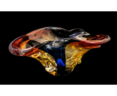 Large Decorative Murano Style Centrepiece, in orange, amber and blue colourway, measures 18'' wide x 7'' tall.