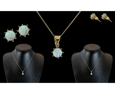 14ct Gold - Attractive Opal Set Pendant Attached to 9ct Gold Chain. Pendant Marked 585 - 14ct. Chain 3.75 - 9ct. The Round Op