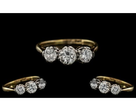 Ladies 18ct Gold - Platinum 3 Stone Diamond Set Ring, Gallery Setting. The Three Brilliant Cut Round Diamonds of Top Colour a