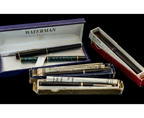 Collection of Five Vintage Fountain Pens, comprising a Waterman's black and gold pen with 14 ct gold nib in original box, a S