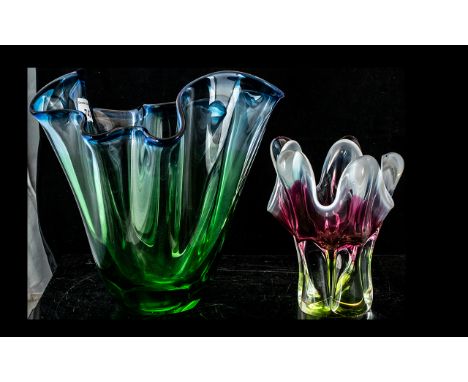 Two Murano Style Handkerchief Vases, on in green and blue, measures 9'' tall, and a green and pink vase 7'' tall.  Both in go