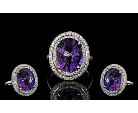 Stunning Platinum Diamond and Amethyst Set Dress Ring. Marked 950 to Interior of Shank - Platinum. The Stunning Faceted Large