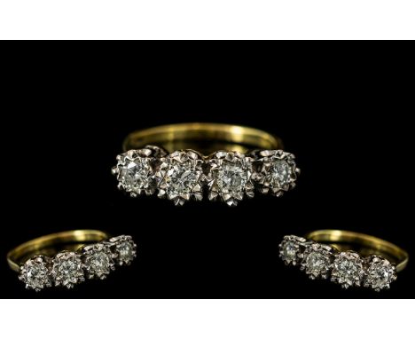 18ct Gold - Attractive Illusion Set 5 Stone Diamond Ring. Fully Hallmarked for 750, The Five White Diamonds of Excellent Clar