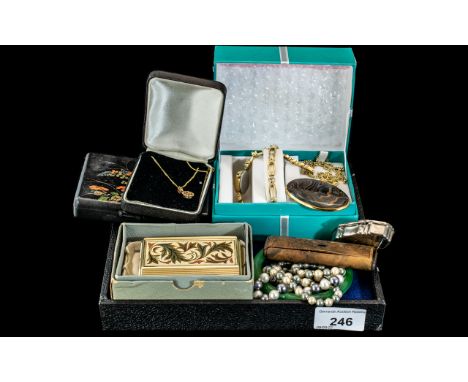 A Mixed Lot Comprising Jadeite Bangle, BSB Musical Compact, Pill Boxes, Earrings, Necklaces, Locket, Limit Watch Set, Cufflin