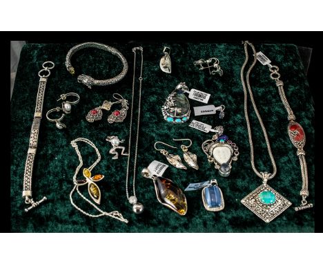 Collection of Silver Jewellery, comprising silver snake bracelet, silver decorative bracelet, turquoise set pendant and chain