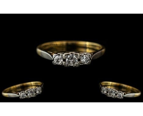 18ct Gold and Platinum Exquisite - Attractive 3 Stone Diamond Set Ring. Marked 18ct Gold and Platinum to Interior of Shank. c