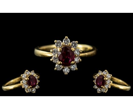 18ct Gold - Superb Quality Diamond and Ruby Set Cluster Ring - Flower head Design. Full Hallmark to Interior of Shank 750 - 1