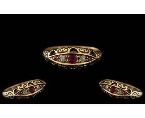 Antique Period Ladies Petite 18ct Gold Diamond Ruby Set Ring Gallery Setting. Full hallmark for Birmingham 1912 with 18ct 750