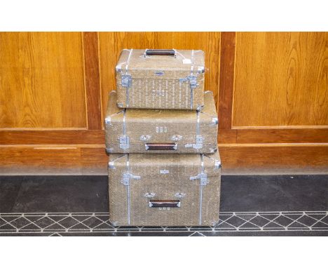 Set of Three Matching Vintage Suitcases, 'Wheary' by Steam Guard, from 30's/40's, in herringbone pattern with steel strapping