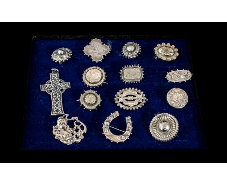 A Fine Collection of Antique and Early 20th Century Sterling Silver Brooches, Includes Art Nouveau and Celtic Brooch. Various