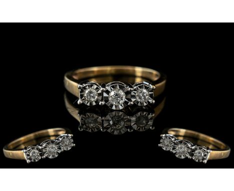 9ct Gold Diamond Set Ring - Three Round Brilliant Cut Diamonds, Illusion Set. 0.25 cts Fully Hallmarked Gross Weight 2.7 Gram