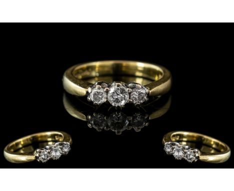 18ct Yellow Gold - Attractive 3 Stone Diamond Set Ring. Full Hallmark for 750 - 18ct to Interior of Shank. The 3 Faceted Roun