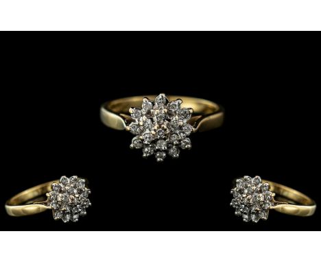 18ct Gold - Attractive Diamond Set Cluster Ring, Flower head Setting. Marked 750 - 18ct To Interior of Shank. The Diamonds of