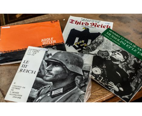 Three WW2 related Long Playing records ''Songs of the Wehrmacht'', a portrait of Adolf Hitler and ''Mussolini Voices and Song