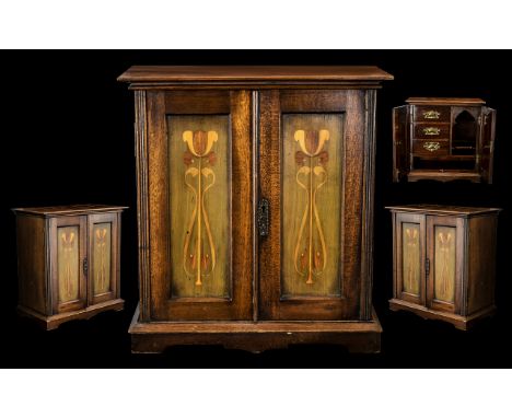 Art Nouveau - Pleasing Light Oak Smokers Cabinet, The Front 2 Doors with Panels Inlaid with Stylised Images of Tulips and Dec