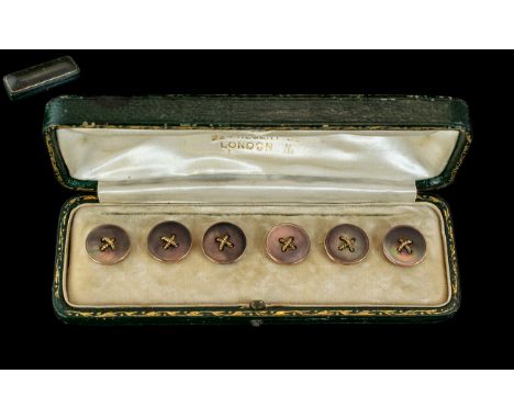 Antique Period Boxed Set of 9ct Gold and Pearl Studs / Buttons. In Original Leather Display Box. All In Excellent Condition -
