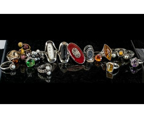 Collection of 15 Silver Dress Rings, stone, crystal and pearl set, assorted designs and styles, together with a silver pendan