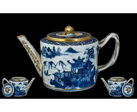 Chinese 18th Century Blue and White Finely Detailed Ceramic Teapot and Cover, Features Naturalistic Entwined Branch Handle. E