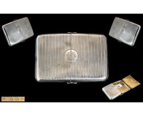 Early 20th Century Stylish Sterling Silver Spring Action - Engine Turned Cigarette Case of Box Shape / Form, with Regency Str