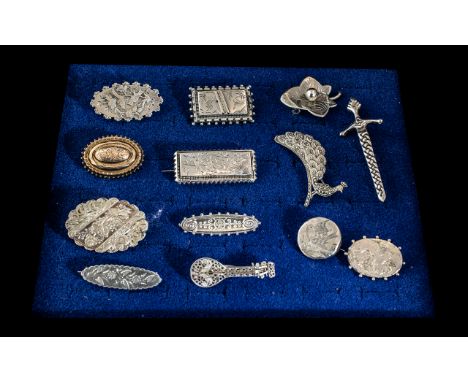 A Fine Collection of Early Signed and Unsigned 20th Century Sterling Silver Brooches - Some In the Form of Musical Instrument