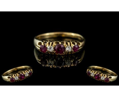 Antique Period 18ct Gold Ruby and Diamond Set Ring - Gallery Setting. Not Marked but Tests 18ct Gold. The Diamond and Natural