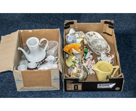 Box of Mixed Porcelain comprising a tall lustre vase, Nao figurine, Royal Doulton figure 'Catherine' HN 3044, Royal Doulton f