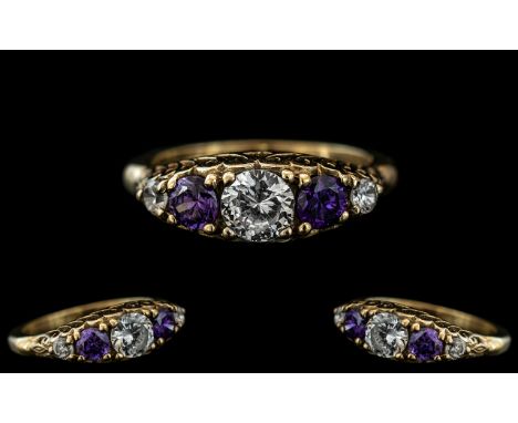 Antique Period - Attractive 9ct Gold White Sapphire and Amethyst Set Ring. Gallery Setting ( Pleasing ) Solid Shank. Amethyst