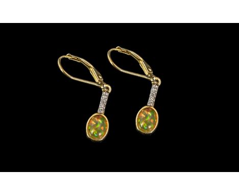 Ethiopian Opal &amp; Natural White Zircon Drop Earrings, silver gilt, for pierced ears.