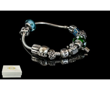 Pandora - Signed Sterling Silver Charm Bracelet Loaded with 11 Enamel Set. Charms All Marked for Sterling Silver and Signed P