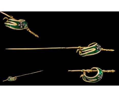 Antique Period 18ct Gold - Superb Enamel Set Stick Pin In The Form of A 18th Century Sword. The Handle Set In Green Enamel wi