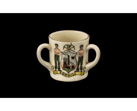 Miner's Interest - Scotland, a miniature Edwardian three handled cup, decorated with the Bowhill Coat of Arms.  The arms show