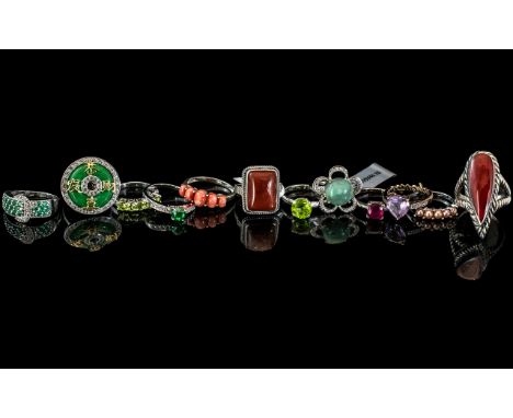 A Collection of 12 Silver Dress Rings, stone set, crystal set, various designs and styles, including six set with jade and gr