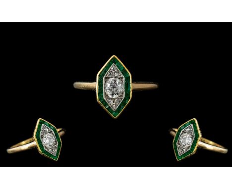 Art Deco Period Ladies - 14ct Gold Attractive Emerald and Diamond Set Dress Ring, Pleasing Design. Marked 585 to Interior of 