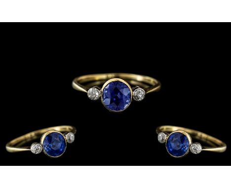 Ladies - Superb 18ct Gold Elegant - Petite 3 Stone Sapphire and Diamond Set Dress Ring. c.1920's. Marked to Interior of Shank