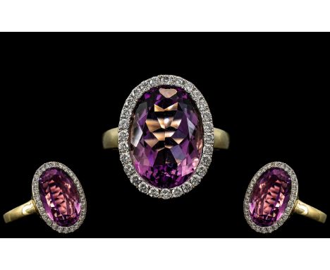 18ct Gold - Superb Quality Large Amethyst and Diamond Set Dress Ring, Heavy Shank ( Expensive ) Full Hallmark for 18ct - 750 