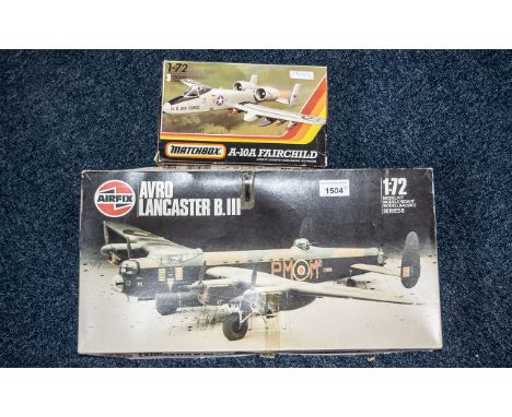 Vintage Airfix Models, 1 x Lancaster Bomber III Avro (1-72), and 1 x A-10A Fairchild (1-72) Matchbox.