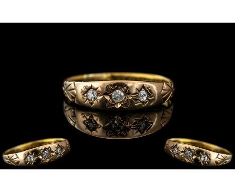Antique Period 18ct Gold Three Stone Diamond Set Ring, the pave set diamonds of excellent colour and clarity; hallmarked Birm