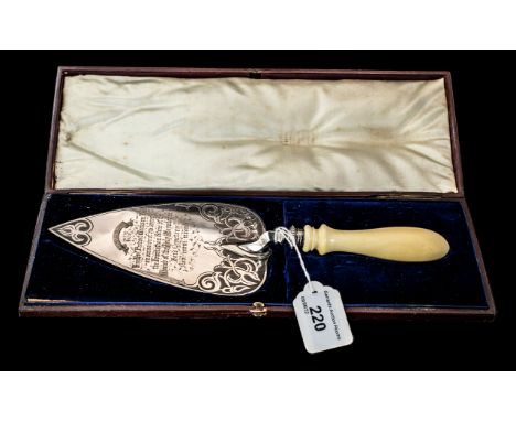 A Victorian Silver Presentation Trowel fully hallmarked for Sheffiled O 1881 with turned handle in fitted case.